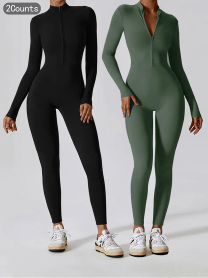 Women'S Solid Zip up Long Sleeve Sports Jumpsuit, Casual Sporty Comfy Jumpsuit for Yoga Gym Workout, Ladies Sportswear for All Seasons, All Season Activewear