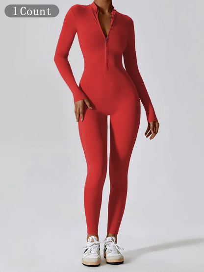 Women'S Solid Zip up Long Sleeve Sports Jumpsuit, Casual Sporty Comfy Jumpsuit for Yoga Gym Workout, Ladies Sportswear for All Seasons, All Season Activewear