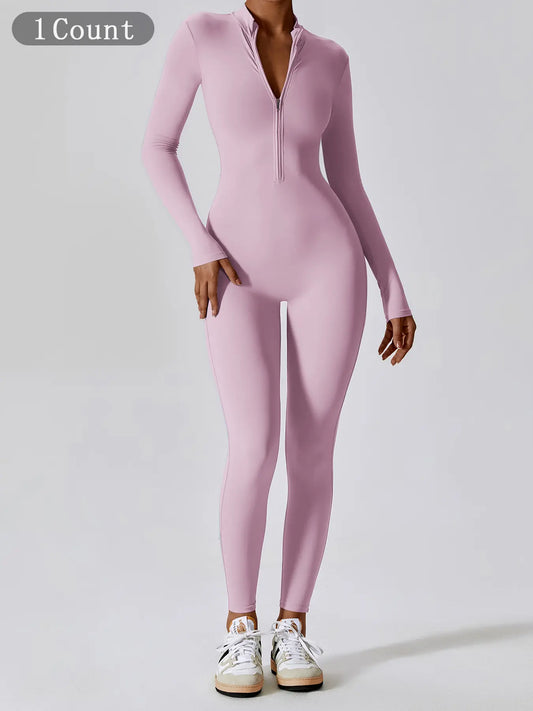 Women'S Solid Zip up Long Sleeve Sports Jumpsuit, Casual Sporty Comfy Jumpsuit for Yoga Gym Workout, Ladies Sportswear for All Seasons, All Season Activewear