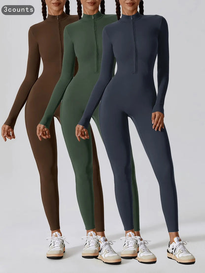 Women'S Solid Zip up Long Sleeve Sports Jumpsuit, Casual Sporty Comfy Jumpsuit for Yoga Gym Workout, Ladies Sportswear for All Seasons, All Season Activewear