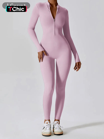 Women'S Solid Zip up Long Sleeve Sports Jumpsuit, Casual Sporty Comfy Jumpsuit for Yoga Gym Workout, Ladies Sportswear for All Seasons, All Season Activewear